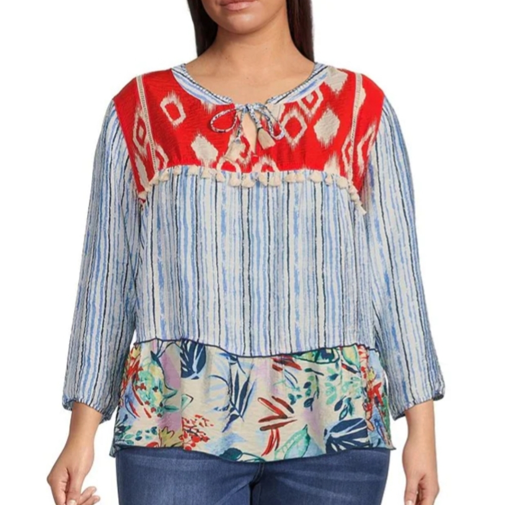 John Mark Boho Linen Mix Print Embroidered Tie Split Round Neck Blouse